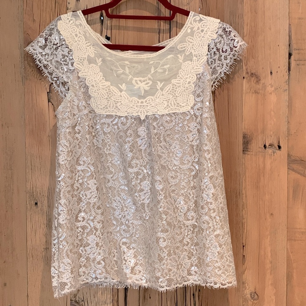 Lace shirt bought at Anthropologie light pink, cream and silver